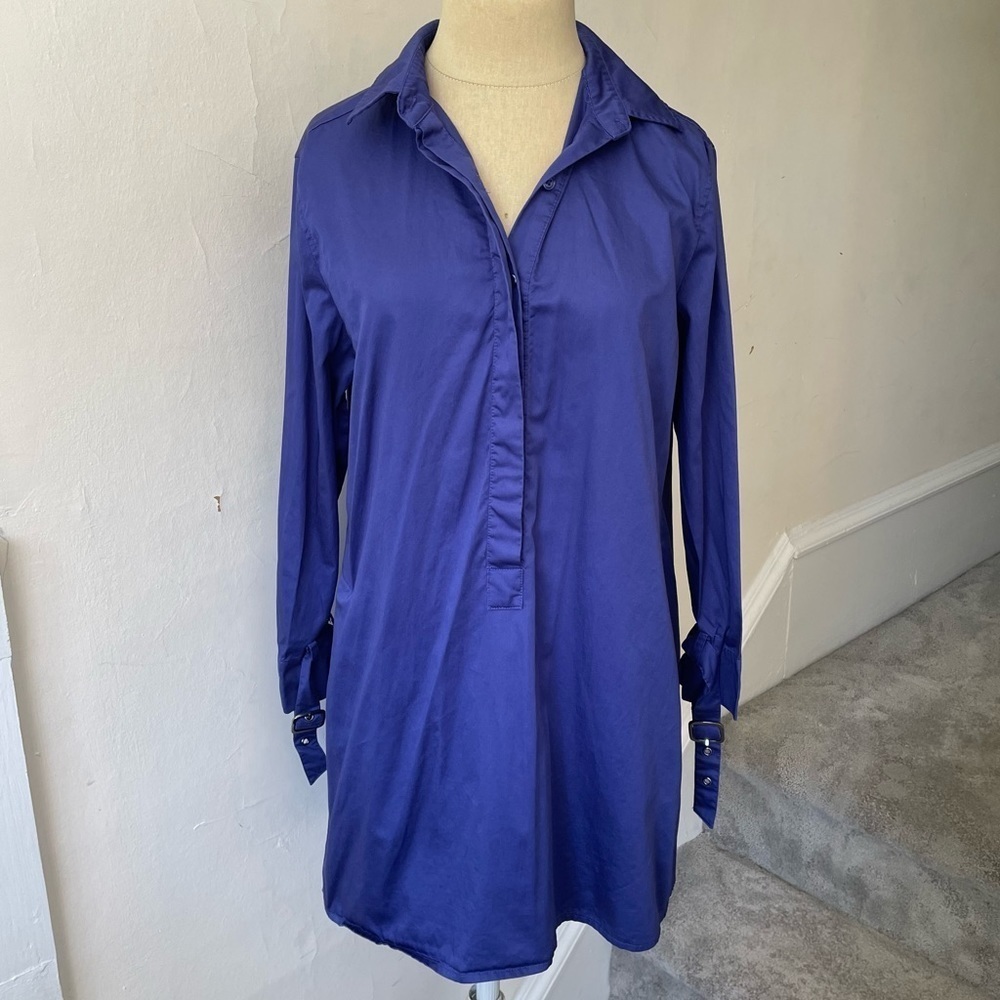 TYLER BOE Blue Purple Cotton Poplin Popover Button Up Blouse Buckle Cuffs Tunic